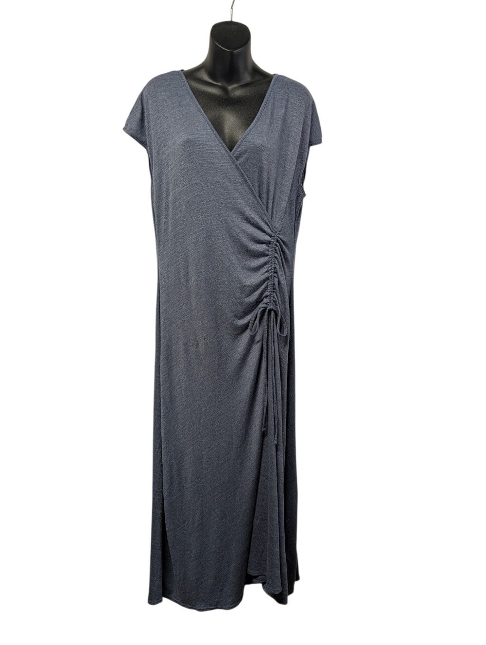 Max Studio Women’s Blue Wrap Maxi Dress XL Ruched Drawstring V-Neck Knit NWT